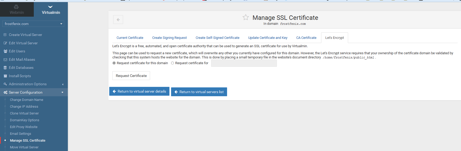 let's encrypt virtualmin webmin
